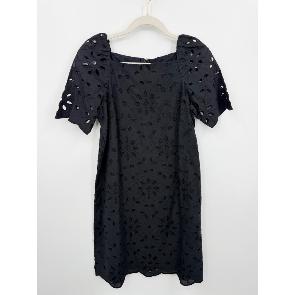 Ann Taylor Eyelet Shift‎ Dress Women 2P Black Square Neck Puff Sleeve Floral